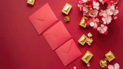A flat lay of red envelopes with gold ingots and cherry blossoms on a clean red and gold backdrop, leaving ample room for copy space.