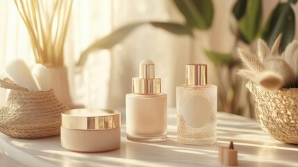 Skin care beauty and perfume products highlight self-care routines and healthy skin practices, creating a calm and luxurious atmosphere that promotes natural beauty and well-being.