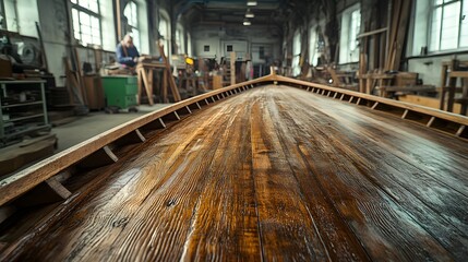 Captivating View of a Wooden Boat Under Construction in a Traditional Workshop Filled with Tools and Craftsmanship Amidst an Artisan's Creative Workspace
