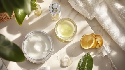 Skin care beauty and perfume products highlight self-care routines and healthy skin practices, creating a calm and luxurious atmosphere that promotes natural beauty and well-being.