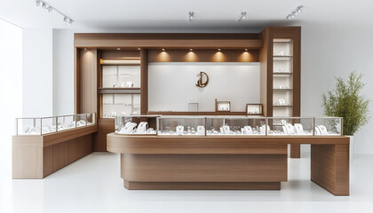 modern jewelry store interior featuring elegant display cases and wooden accents, creating sophisticated shopping atmosphere