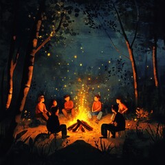 Night campfire friends forest gathering, illustration