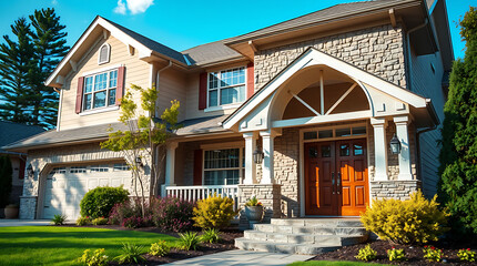 Obraz premium Two-Story House with Stone Facade and Landscaping