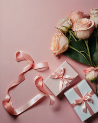 Gifts with ribbons and flowers on a plain background.