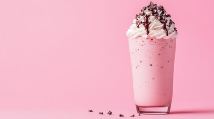 A milkshake topped with whipped cream and a chocolate drizzle, placed on a bright background with copy space.