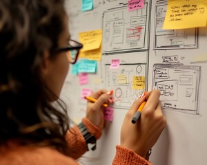Woman sketching website wireframes on whiteboard with sticky notes.