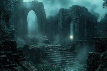 Foggy forest ruins with stone stairs, arches, and mysterious light