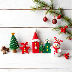 Cute festive Christmas decorations on a vintage whitewash white wood background with space for copy