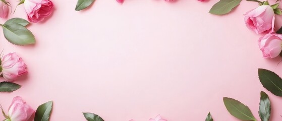 A delicate circle of pink roses and lush leaves radiates love and beauty against a soft pink backdrop, perfect for celebrating Valentine's Day.
