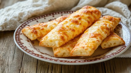 A plate of cheesy breadsticks placed on a rustic wooden table with negative space.