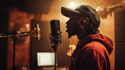 The image portrays an African American rapper confidently performing in front of a microphone in a recording studio.