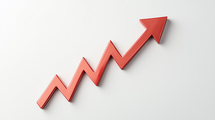 Red zigzag arrow pointing upwards representing upward trend and growth on a plain white background.
