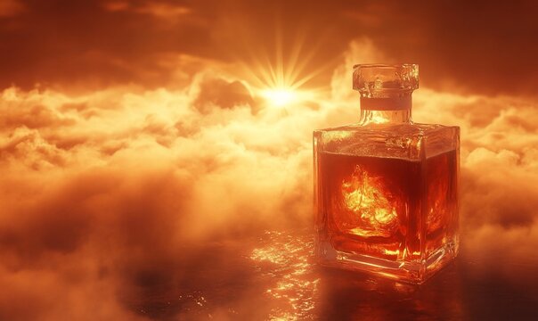 Amber elixir bottle in sunset sky clouds.