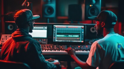 The image shows hip-hop songwriters working together to compose songs in a recording studio.
