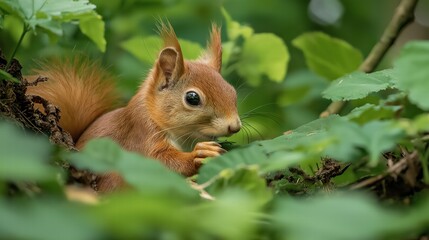 Fototapeta premium Close-Up of a Red Squirrel in Greenery