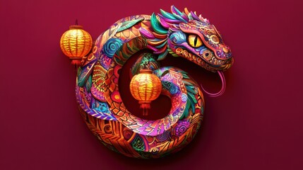Fototapeta premium Ornate Colorful Serpent with Festive Lanterns