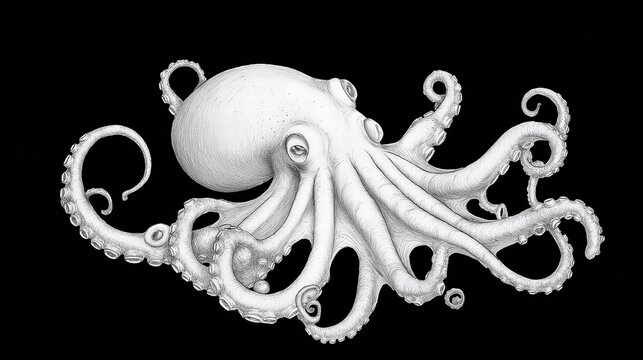 Detailed Illustration of an Octopus on Black Background