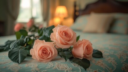 Obraz premium A romantic scene with vibrant roses resting on a soft blue comforter, illuminated by the warm glow of a lamp, perfect for celebrating love on Valentine's Day.