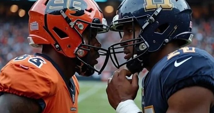 Two teams of American football players stand face to face, preparing to start the match in the stadium. They embody the spirit of sportsmanship and competition.
