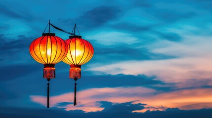 A serene view of illuminated lanterns hanging in a row under a twilight sky, creating a festive mood with copy space.