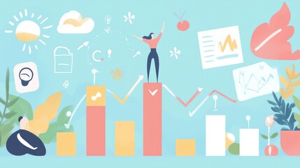 Vision board with personal growth goals like fitness, career, and mindfulness, with a growth chart and milestone markers.