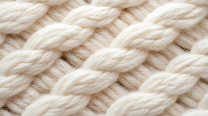 Close-Up Texture of Soft White Braided Yarn with Intricate Patterns, Ideal for Crafting, Knitting, and Cozy Textile Projects, Showcasing Warmth and Comfort