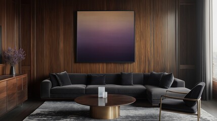Generative AI, A bold living room with a charcoal sectional sofa and luxurious wood panel backdrop
