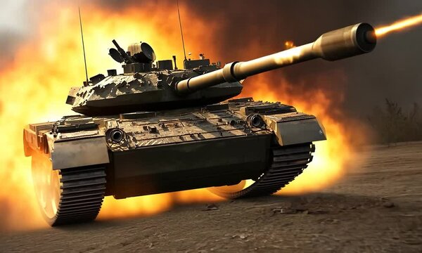 A tank fires amidst an explosive battlefield, surrounded by flames and debris, illustrating the intensity of warfare and military technology.