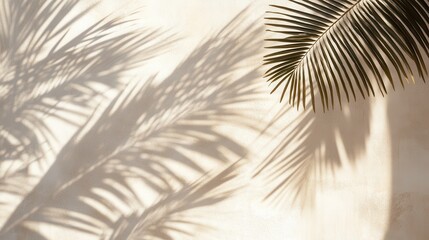 Obraz premium The shadow of palm leaves casts intricate patterns on a white concrete wall, creating a subtle play of light and texture in soft beige tones.