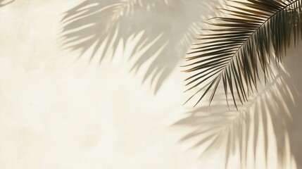 Obraz premium The shadow of palm leaves casts intricate patterns on a white concrete wall, creating a subtle play of light and texture in soft beige tones.