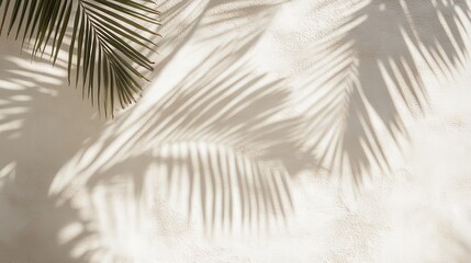 Obraz premium The shadow of palm leaves casts intricate patterns on a white concrete wall, creating a subtle play of light and texture in soft beige tones.