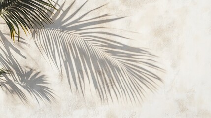 Obraz premium The shadow of palm leaves casts intricate patterns on a white concrete wall, creating a subtle play of light and texture in soft beige tones.