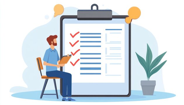 Man reviewing checklist, office background, task completion