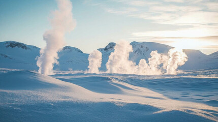 Snowy Landscape with Geothermal Vents Emitting Steam in Winter Wonderland Setting