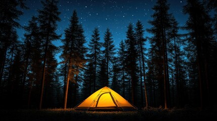 Majestic Night Camping Scene with Glowing Tent Surrounded by Tall Pines Under a Starry Sky Perfect for Outdoor Adventure and Nature Photography Enthusiasts