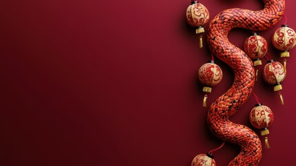 Obraz premium Red Snake With Chinese Lanterns On Maroon Background