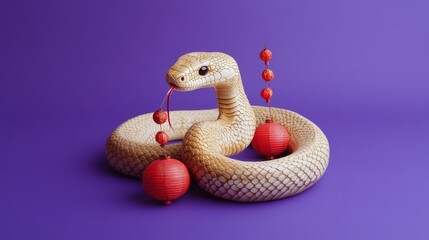 Fototapeta premium A Beige Snake Encircles Red Chinese Lanterns
