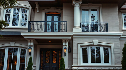 Obraz premium Exterior View of a Two-Story House with Balcony and Classical Details