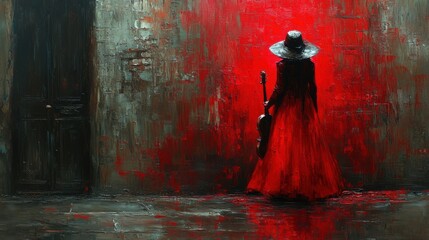 Mysterious Woman in Red Dress with Violin Against Bold Red Wall, Evoking Emotion and Intrigue in Artistic Urban Setting