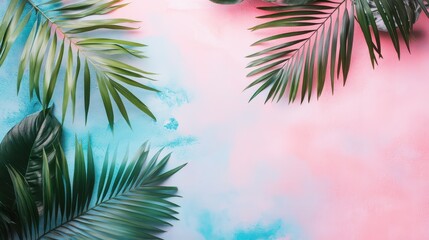 Tropical palm leaves gracefully contrast against a soft pink and blue pastel background, evoking a serene and exotic ambiance.