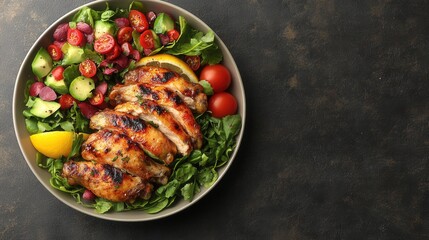 Grilled Chicken Breast Served on a Bed of Fresh Greens with Cherry Tomatoes and Cucumber Salad in a Rustic Bowl Against a Dark Background