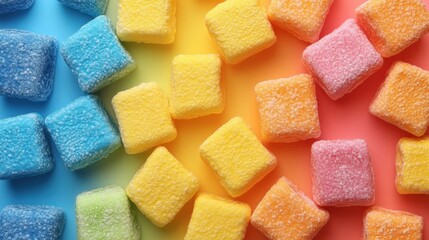 Colorful Candy Cubes on a Vibrant Background Showcasing Sweet Treats in Bright Shades for Playful and Joyful Themes in Food Photography