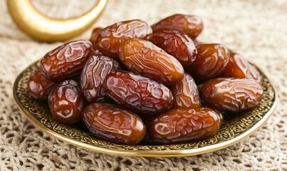 Obraz premium A decorative plate filled with plump, shiny dates, often enjoyed as a snack.