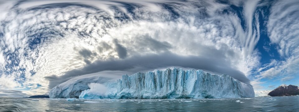 A surreal perspective of a glacier calving into a fjord under a dramatic Arctic sky, Glacier scene, Surreal style - Powered by Adobe
