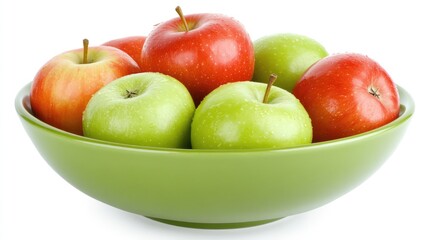 Bowl of vibrant red and green apples placed on a clean white background with room for text.