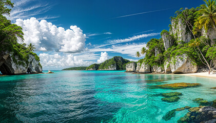 Obraz premium Lush tropical islands surround clear turquoise water under a bright sky.