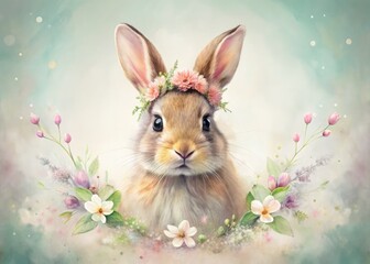 Delicate watercolor floral crest featuring a minimalist spring bunny.