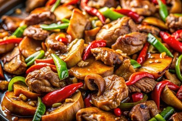 Delicious Asian stir-fry: close-up reveals meat and mushroom textures in gourmet detail.