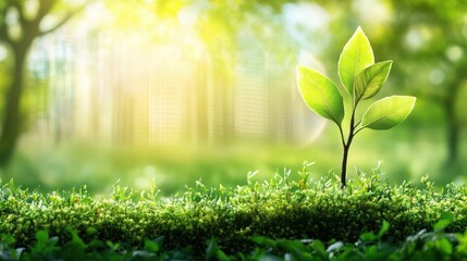 Young plant sprout in lush green moss, sunlight background. Ideal for eco, growth, and nature themes; perfect for websites and presentations.