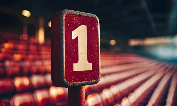 Number One: A lone, rain-covered number one sign stands prominently in a stadium's red rows of seats, symbolizing victory, a championship, or the beginning of a thrilling competition.